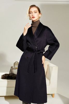 Black Wool Double Breasted Lapel Neck Long Coat with Belt sold by Zapaka