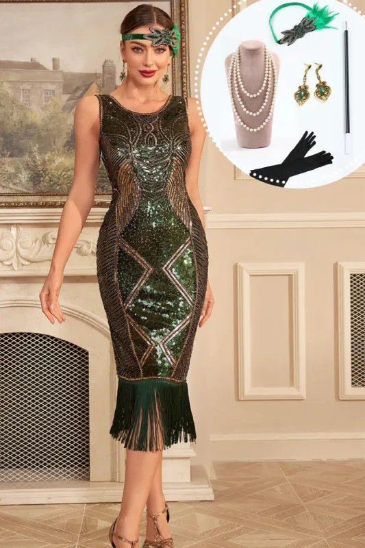 Fringes Green Sequins Sleeveless Flapper Dress with Accessories Set sold by Zapaka