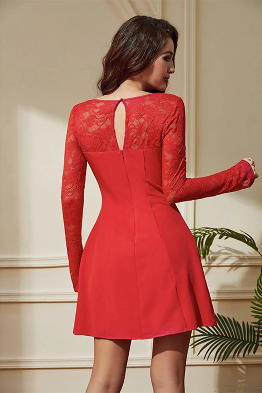 Red A-Line Lace Long Sleeves Short Party Dress sold by Zapaka product image thumbnail 2