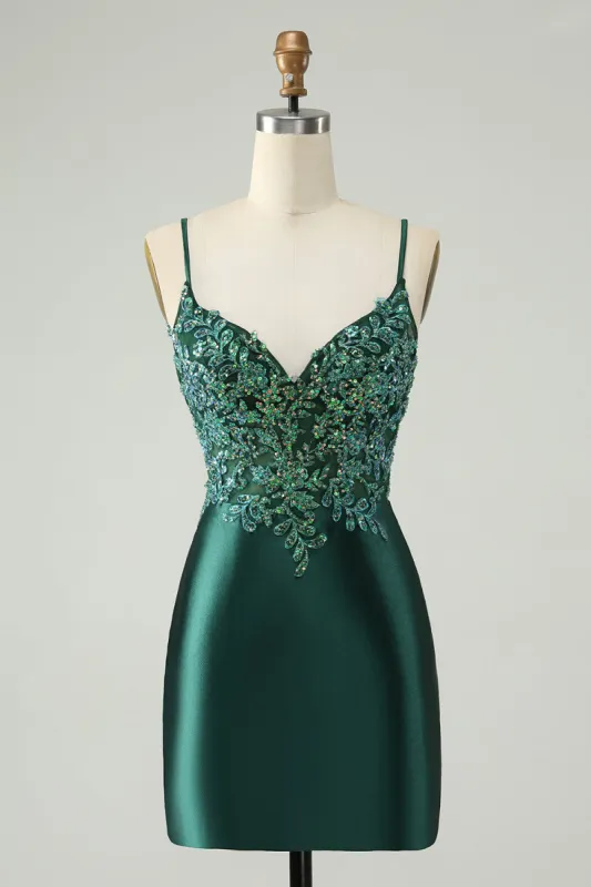 Glitter Dark Green Tight V Neck Short Homecoming Dress with Sequins sold by Zapaka