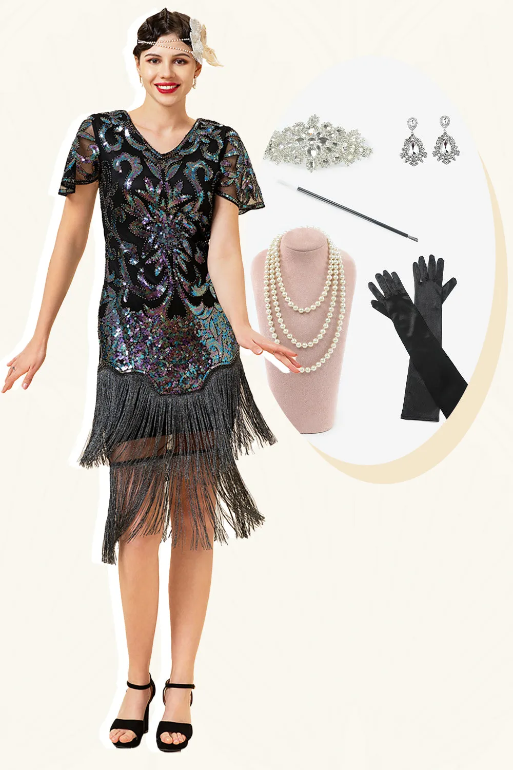 Black Sequins Fringed Gatsby Dress with 20s Accessories Set sold by Zapaka