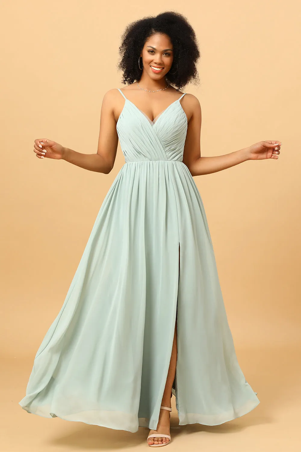 Mint Green A-Line Ruched Chiffon Bridesmaid Dress sold by Zapaka