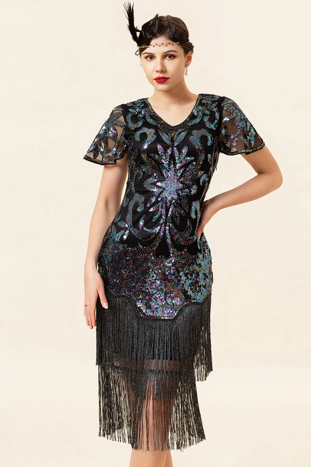 Black Sequins Fringed Gatsby Dress with 20s Accessories Set sold by Zapaka product image thumbnail 3