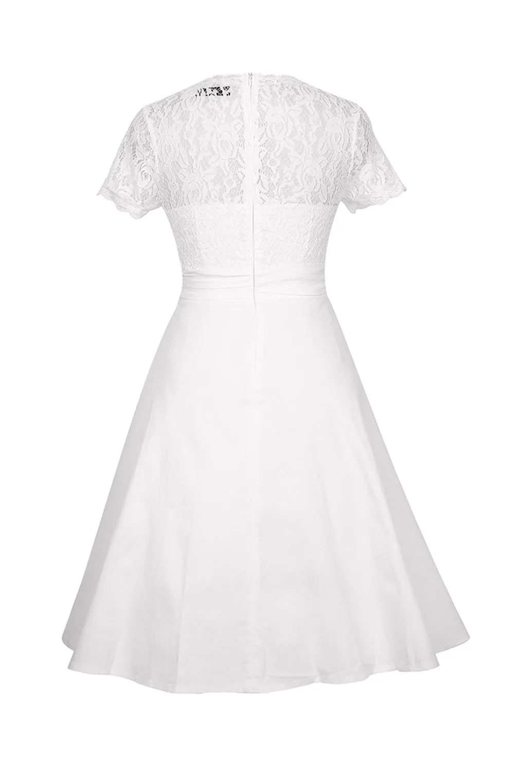 White Solid V-neck 1950s Dress with Lace sold by Zapaka product image thumbnail 3