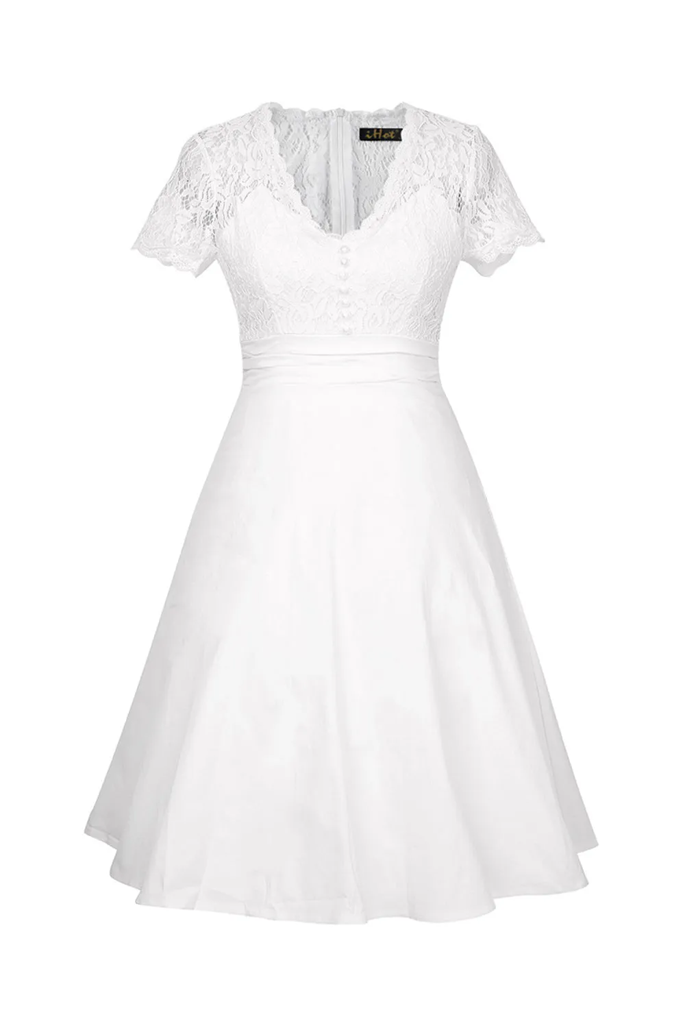 White Solid V-neck 1950s Dress with Lace sold by Zapaka