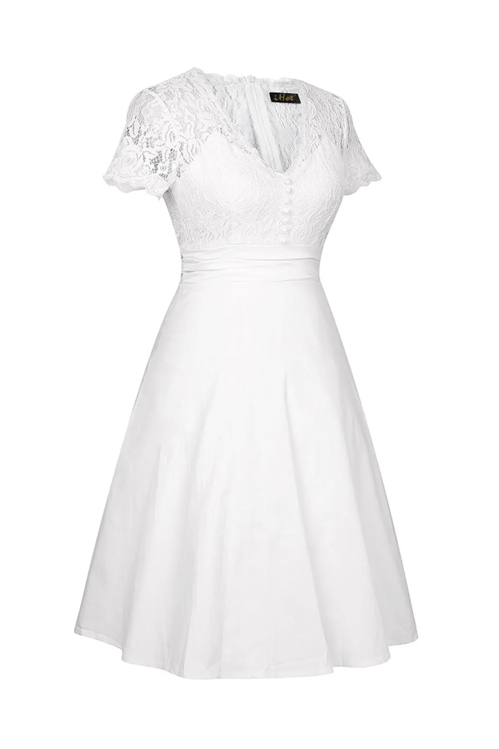 White Solid V-neck 1950s Dress with Lace sold by Zapaka product image thumbnail 2