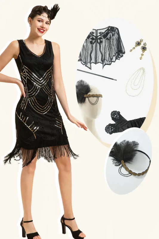 Black Sequined Fringes 1920s Gatsby Flapper Dress with 20s Accessories Set sold by Zapaka