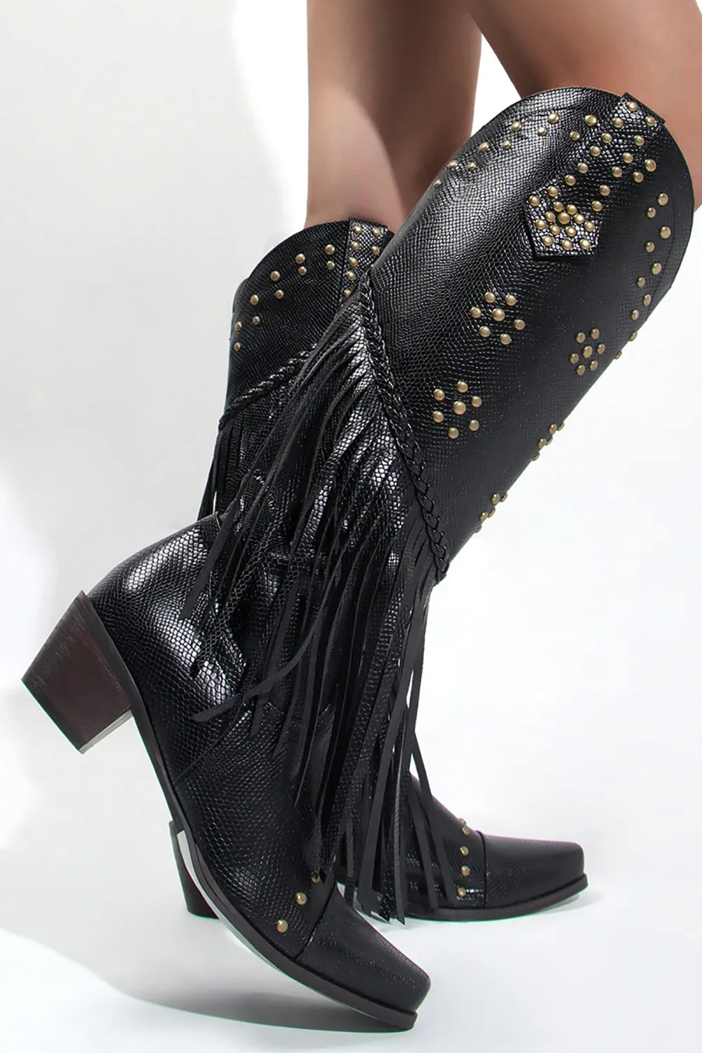 Women's Black Beaded Fringes Pointed Toe Chunky Hell Boots sold by Zapaka product image thumbnail 3