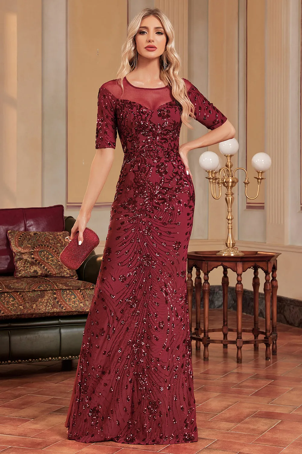 Burgundy Mermaid Round Neck Sequins Long Prom Dress sold by Zapaka product image thumbnail 4