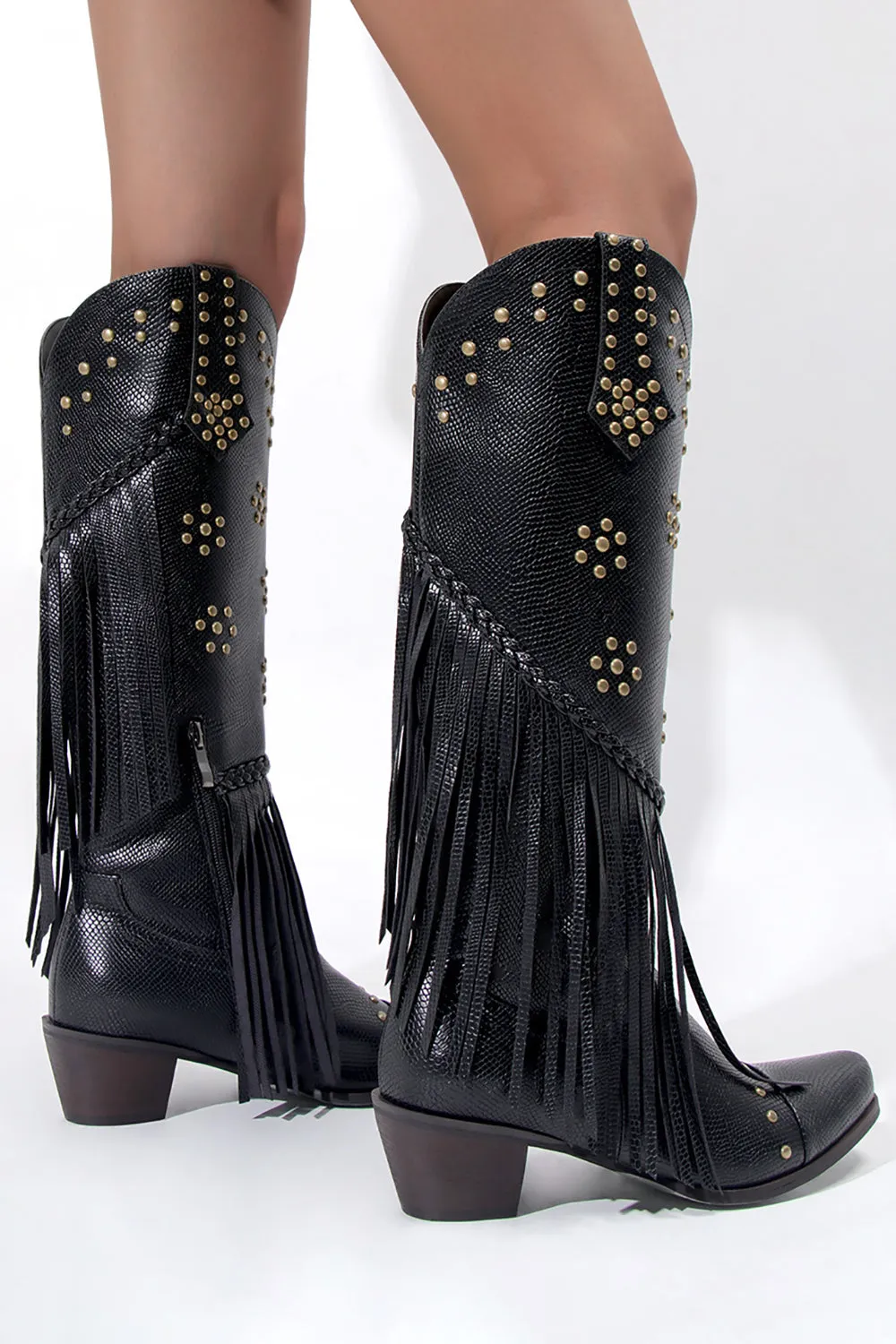 Women's Black Beaded Fringes Pointed Toe Chunky Hell Boots sold by Zapaka product image thumbnail 4