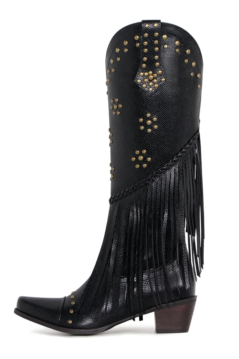 Women's Black Beaded Fringes Pointed Toe Chunky Hell Boots sold by Zapaka