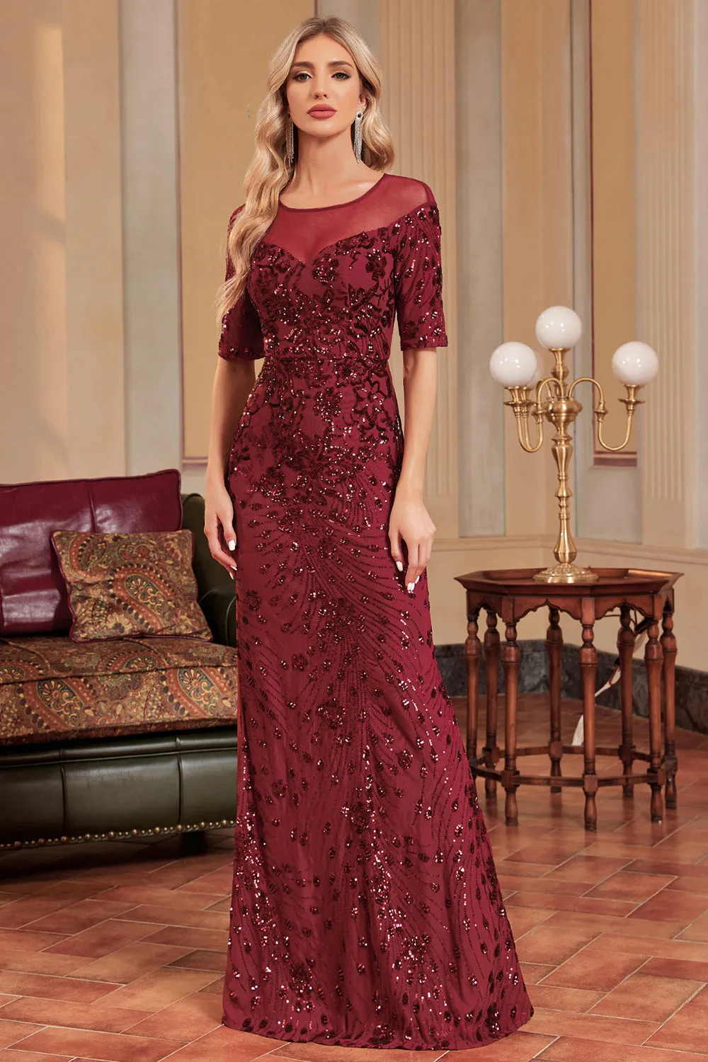Burgundy Mermaid Round Neck Sequins Long Prom Dress sold by Zapaka product image thumbnail 5