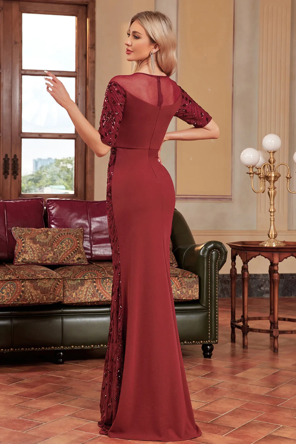 Burgundy Mermaid Round Neck Sequins Long Prom Dress sold by Zapaka product image thumbnail 2