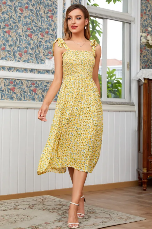 Yellow Floral Tea Length Summer Dress sold by Zapaka
