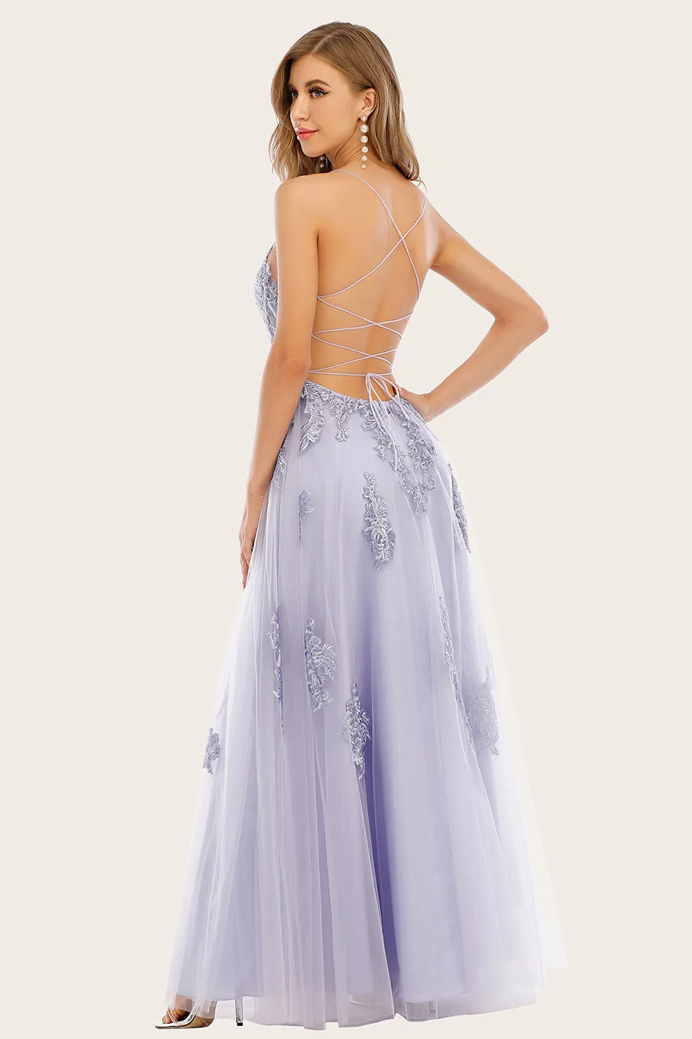 Lavender Tulle Long Prom Dress with Lace sold by Zapaka product image thumbnail 2
