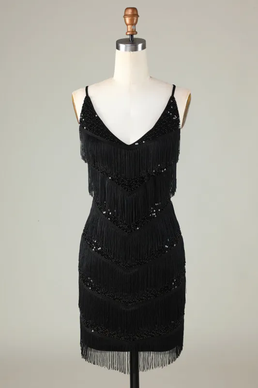 Sparkly Black Sequins Beaded Tight Short Homecoming Dress with Fringes sold by Zapaka