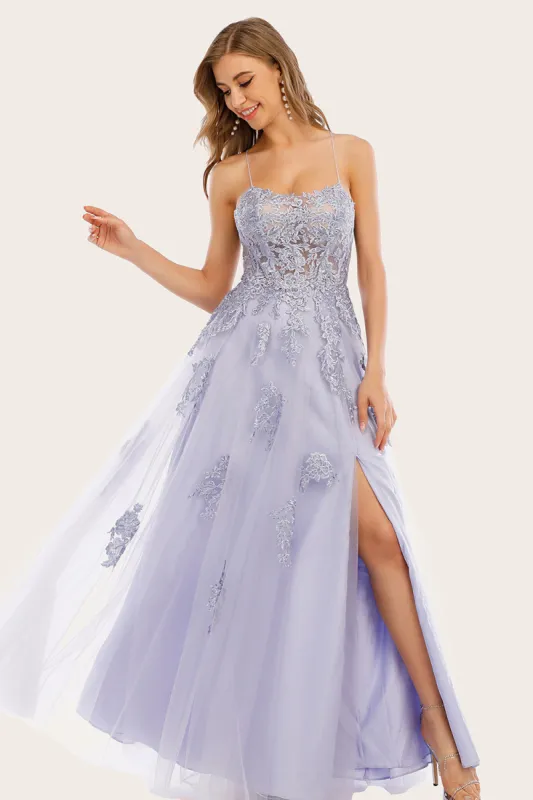 Lavender Tulle Long Prom Dress with Lace sold by Zapaka