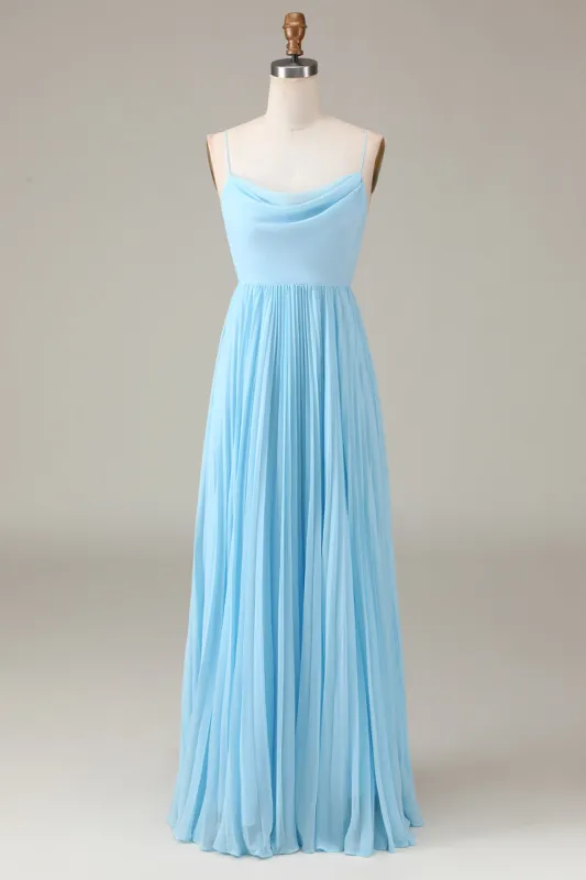Sky Blue Spaghetti Straps Cowl Neck Pleated Open Back A-line Chiffon Bridesmaid Dress sold by Zapaka