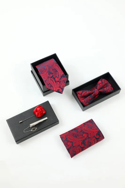 Burgundy Jacquard Men's 5-Piece Accessory Set Tie and Bow Tie Pocket Square Flower Lapel Pin Tie Clip sold by Zapaka