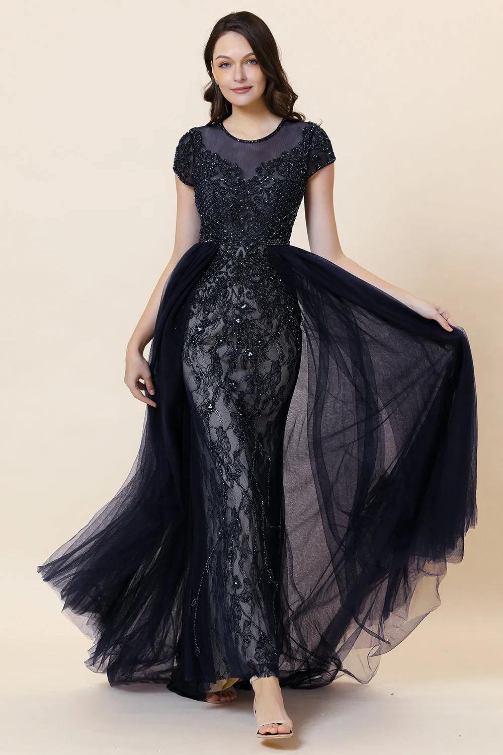 Sparkly Navy Beaded Long Formal Dress sold by Zapaka product image thumbnail 4