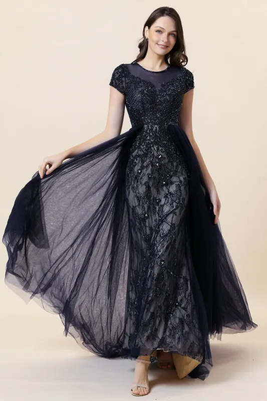 Sparkly Navy Beaded Long Formal Dress sold by Zapaka