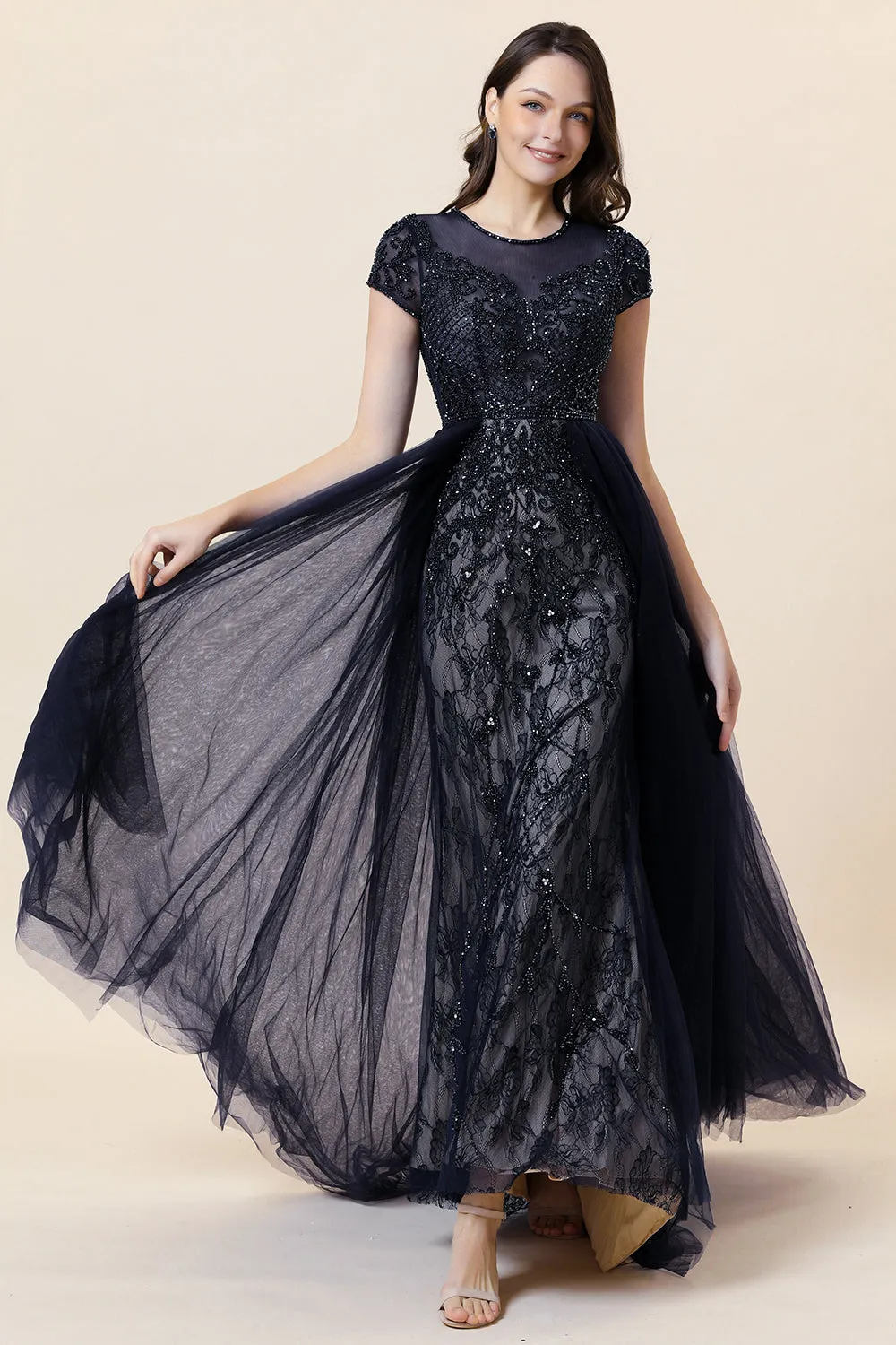 Sparkly Navy Beaded Long Formal Dress sold by Zapaka