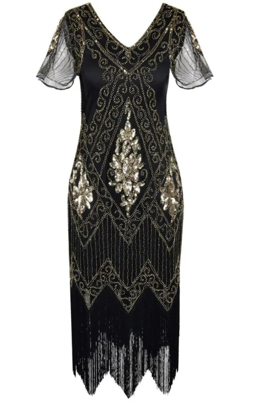 V Neck Black 1920s Flapper Dress sold by Zapaka