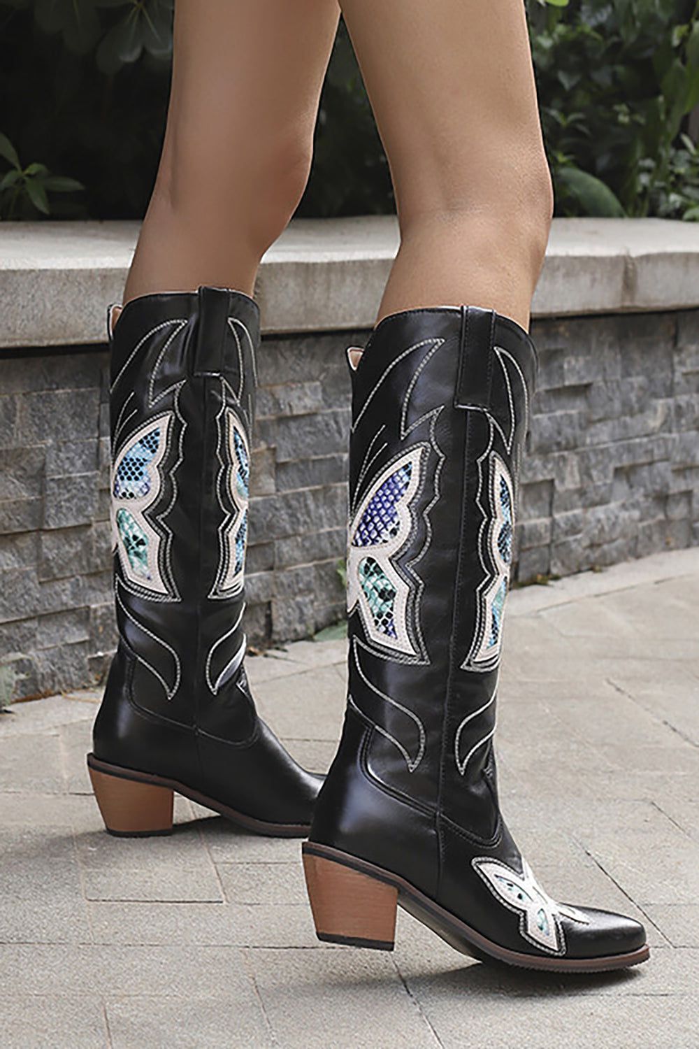 Black Stitched Chunky Heel Cowboy High Boots sold by Zapaka product image thumbnail 3