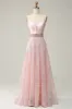 A Line Spaghetti Straps Pink Long Wedding Guest Dress with Beading sold by Zapaka