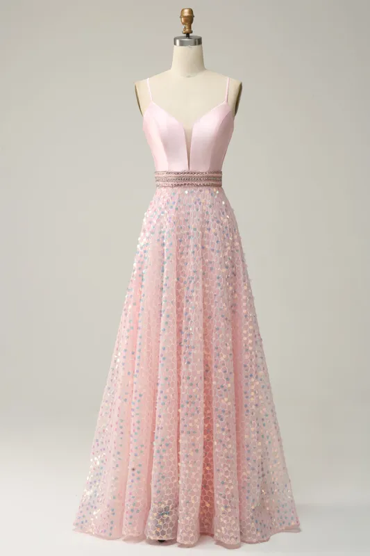 A Line Spaghetti Straps Pink Long Wedding Guest Dress with Beading sold by Zapaka