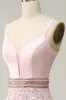 A Line Spaghetti Straps Pink Long Wedding Guest Dress with Beading sold by Zapaka