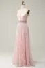 A Line Spaghetti Straps Pink Long Wedding Guest Dress with Beading sold by Zapaka