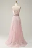 A Line Spaghetti Straps Pink Long Wedding Guest Dress with Beading sold by Zapaka