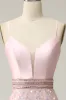 A Line Spaghetti Straps Pink Long Wedding Guest Dress with Beading sold by Zapaka