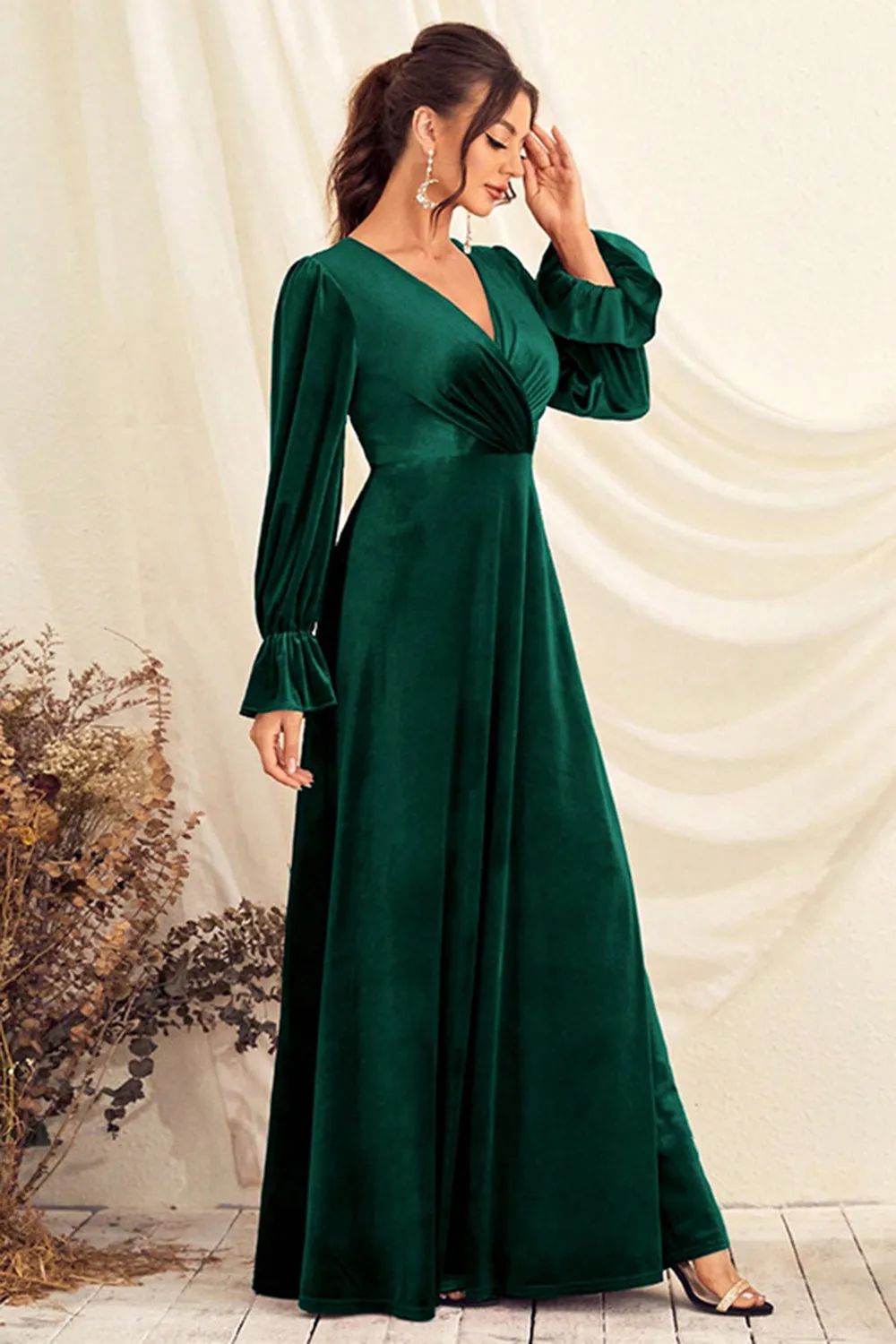 Dark Green V Neck Velvet Wrap Long Prom Dress with Long Sleeves sold by Zapaka product image thumbnail 4