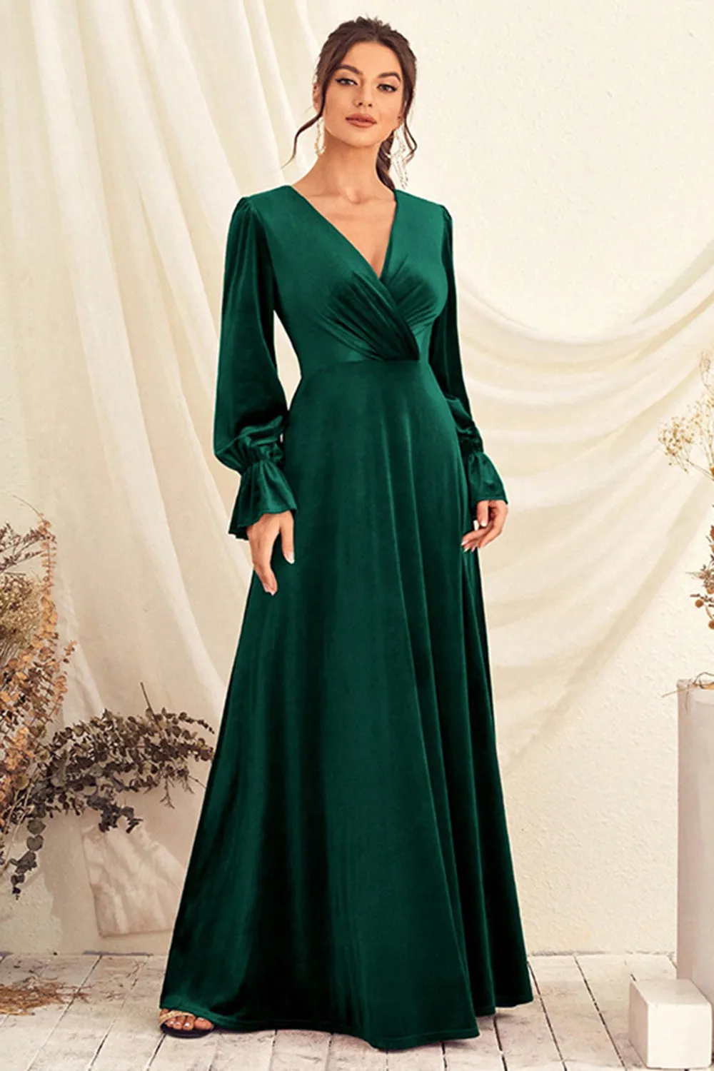 Dark Green V Neck Velvet Wrap Long Prom Dress with Long Sleeves sold by Zapaka product image thumbnail 5