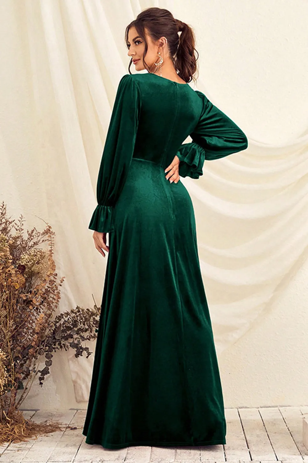 Dark Green V Neck Velvet Wrap Long Prom Dress with Long Sleeves sold by Zapaka product image thumbnail 2