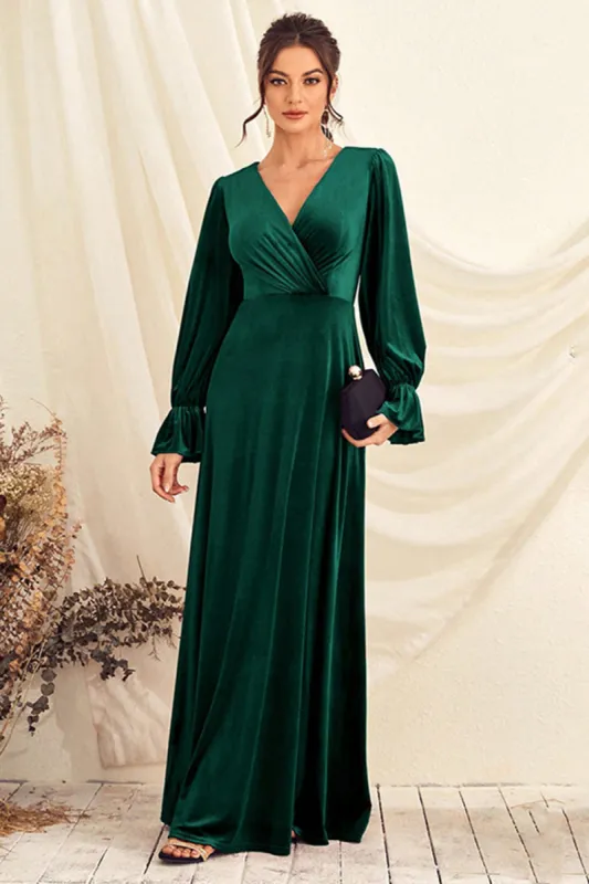 Dark Green V Neck Velvet Wrap Long Prom Dress with Long Sleeves sold by Zapaka
