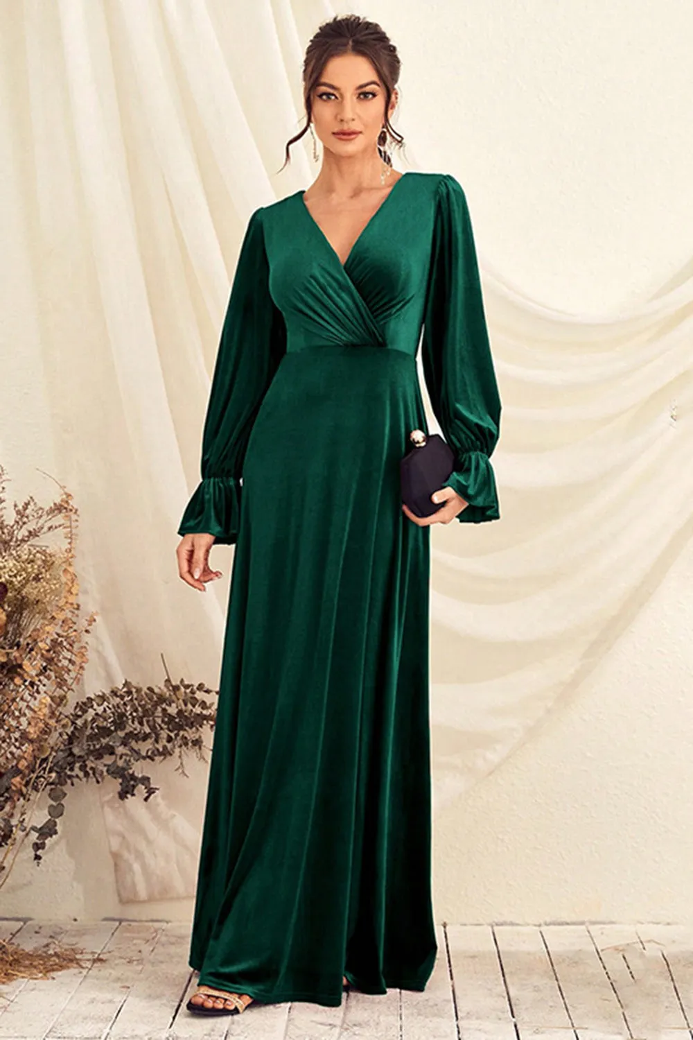 Dark Green V Neck Velvet Wrap Long Prom Dress with Long Sleeves sold by Zapaka