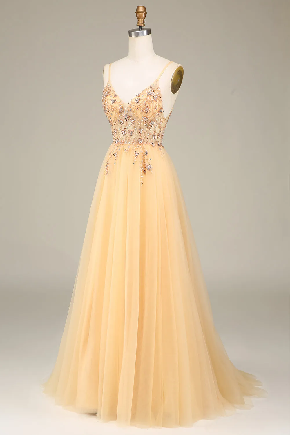 Charming A Line Spaghetti Straps Golden Long Prom Dress with Beading sold by Zapaka product image thumbnail 3