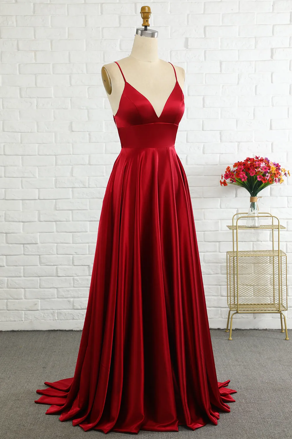 Simple A Line Spaghetti Straps Burgundy Long Bridesmaid Dress with Cirss Cross Back sold by Zapaka product image thumbnail 3