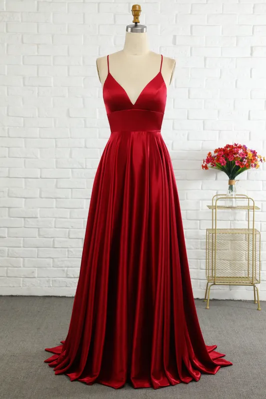 Simple A Line Spaghetti Straps Burgundy Long Bridesmaid Dress with Cirss Cross Back sold by Zapaka