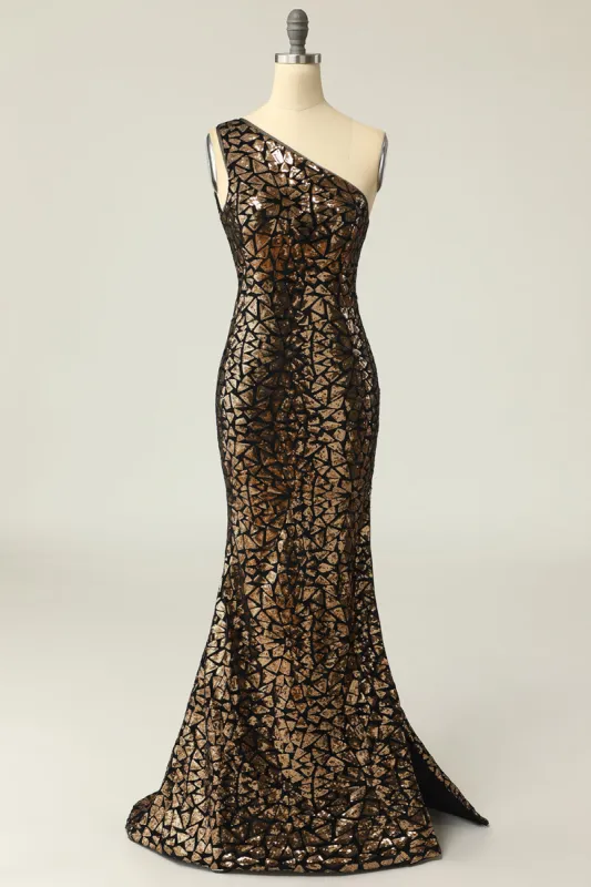 Mermaid One Shouler Dark Gold Sequins Prom Dress sold by Zapaka
