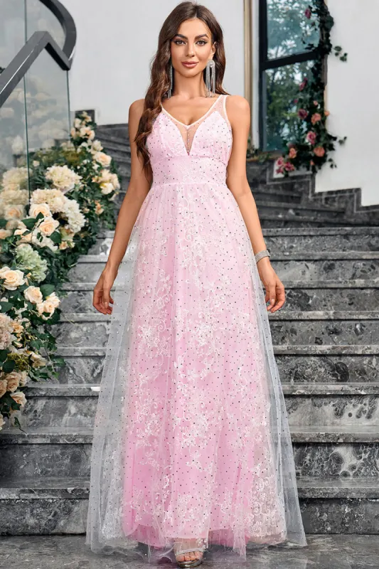 Sparkly Pink  A Line V-Neck Prom Dress sold by Zapaka