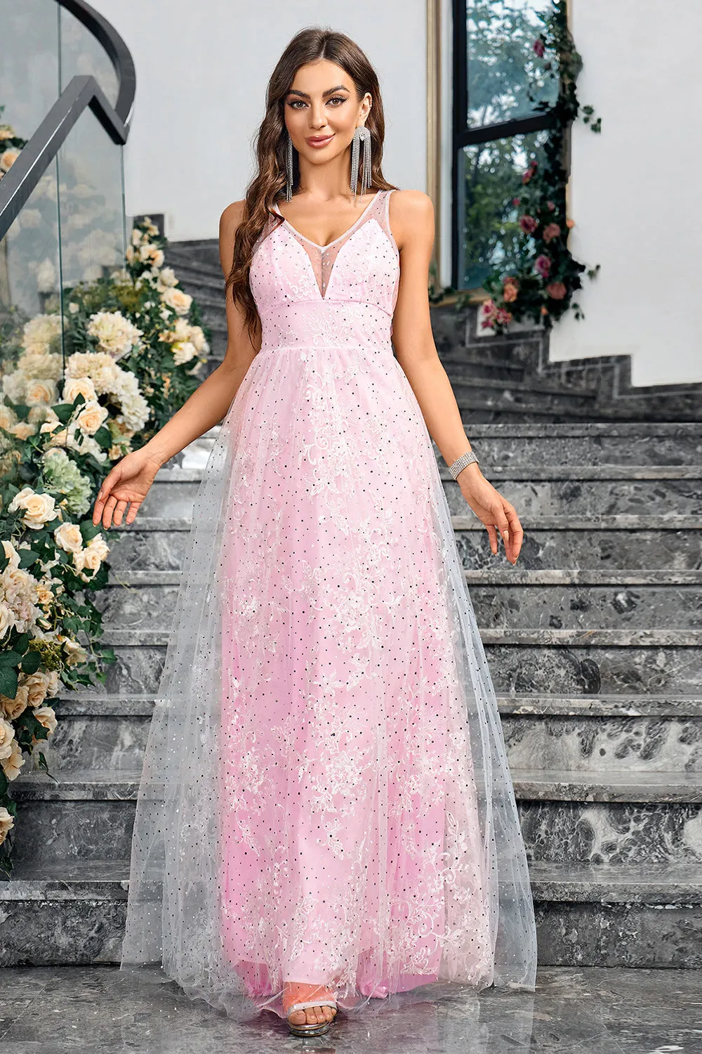 Sparkly Pink A Line V-Neck Prom Dress sold by Zapaka product image thumbnail 3