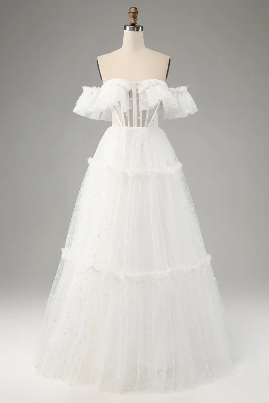 Ivory A-Line Off the Shoulder Tulle Wedding Dress sold by Zapaka