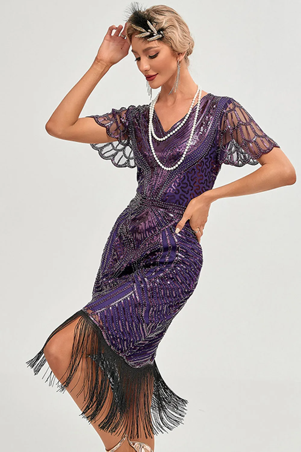 Dark Purple Beading Fringes 1920s Dress with Accessories Set sold by Zapaka product image thumbnail 5