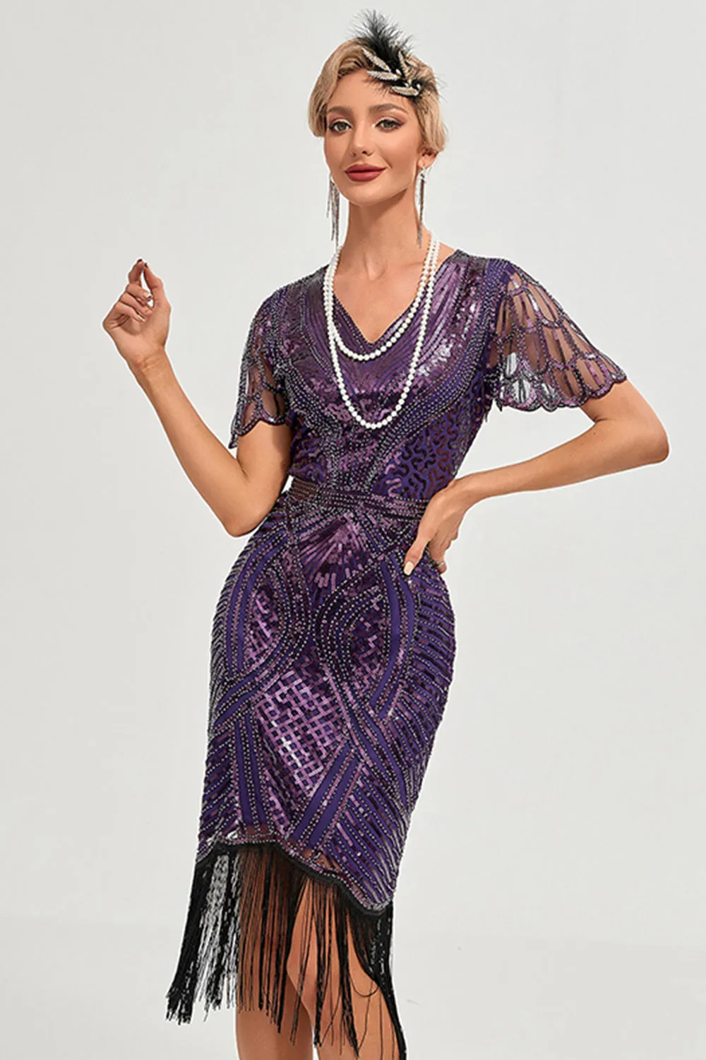 Dark Purple Beading Fringes 1920s Dress with Accessories Set sold by Zapaka product image thumbnail 4