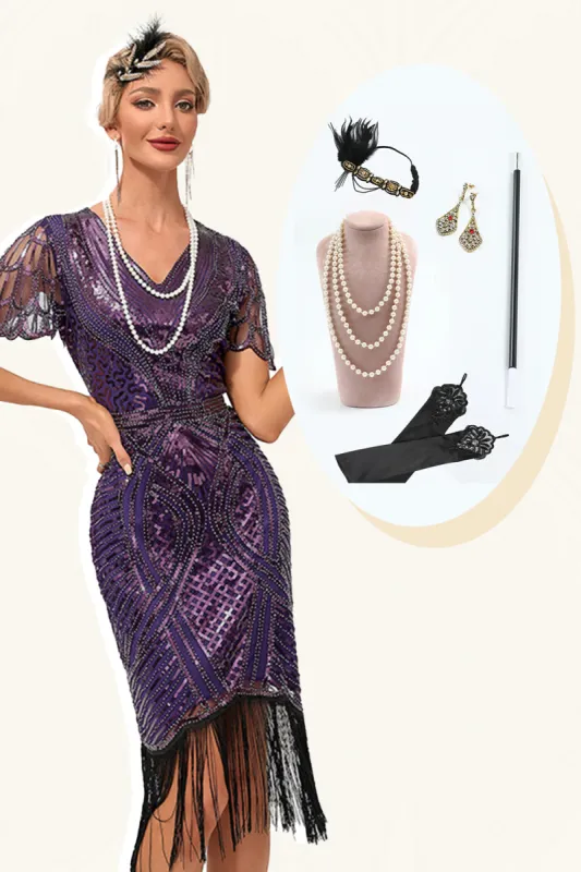 Dark Purple Beading Fringes 1920s Dress with Accessories Set sold by Zapaka