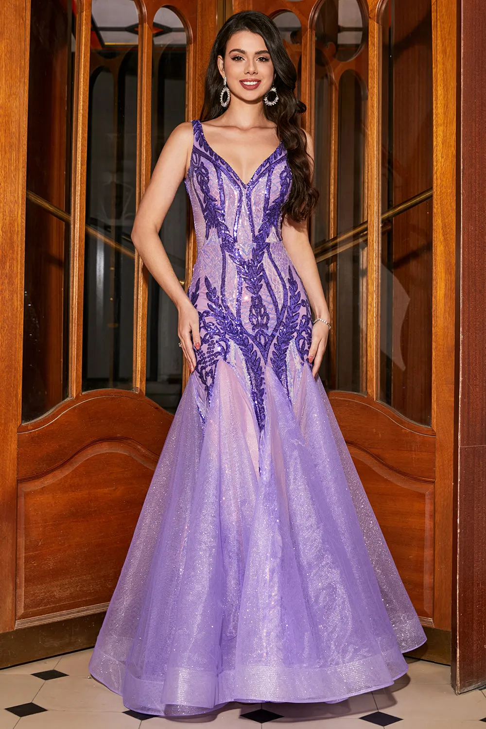 Stunning Mermaid V Neck Purple Sequins Long Prom Dress with Open Back sold by Zapaka